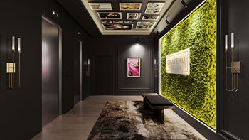 a lobby with black walls and a green wall with a picture and a bench at Chateau on Wells, Chicago, IL